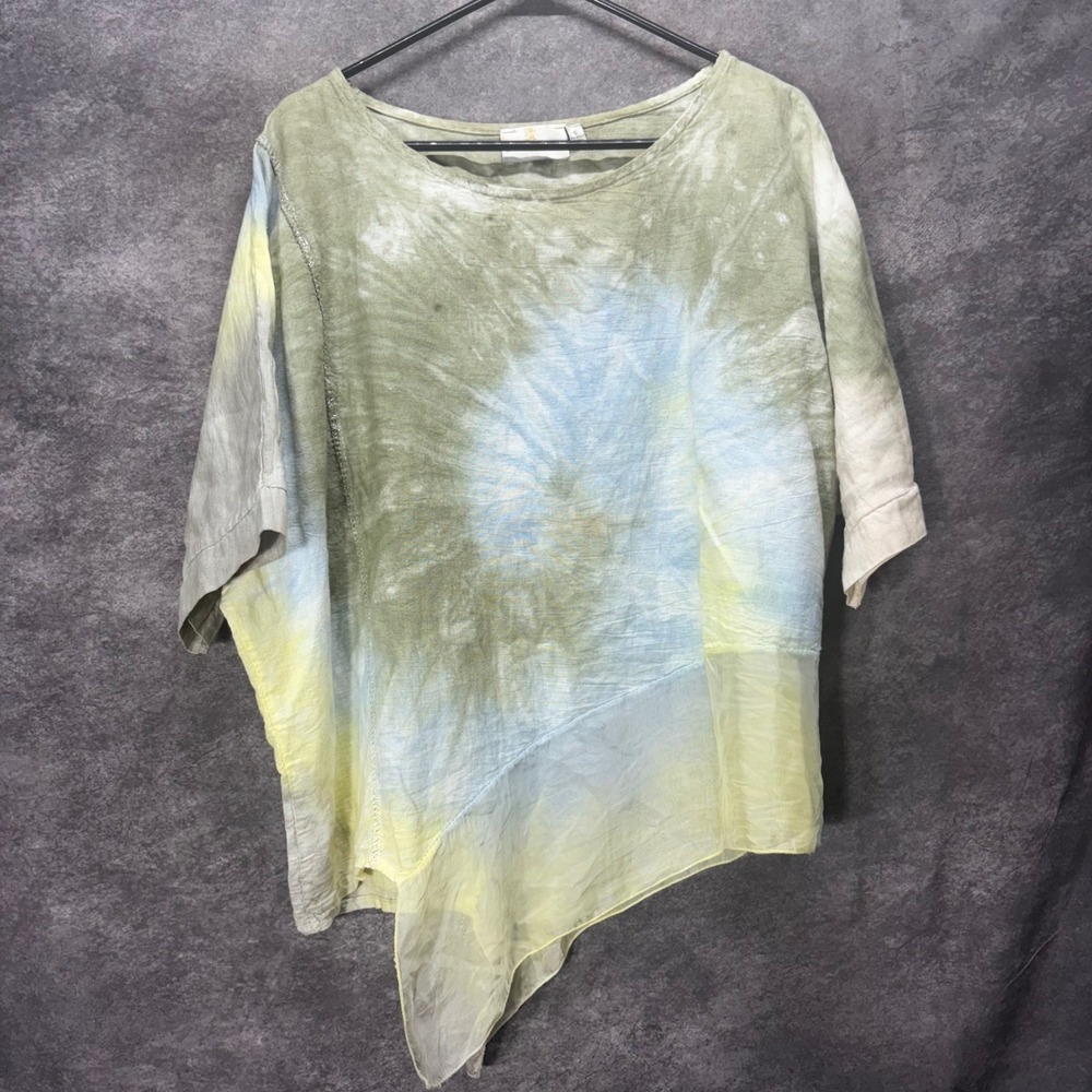 Belle France Linen Silk Tie Dye Asymmetric Lagenlook Tunic Top Size S Green Blue